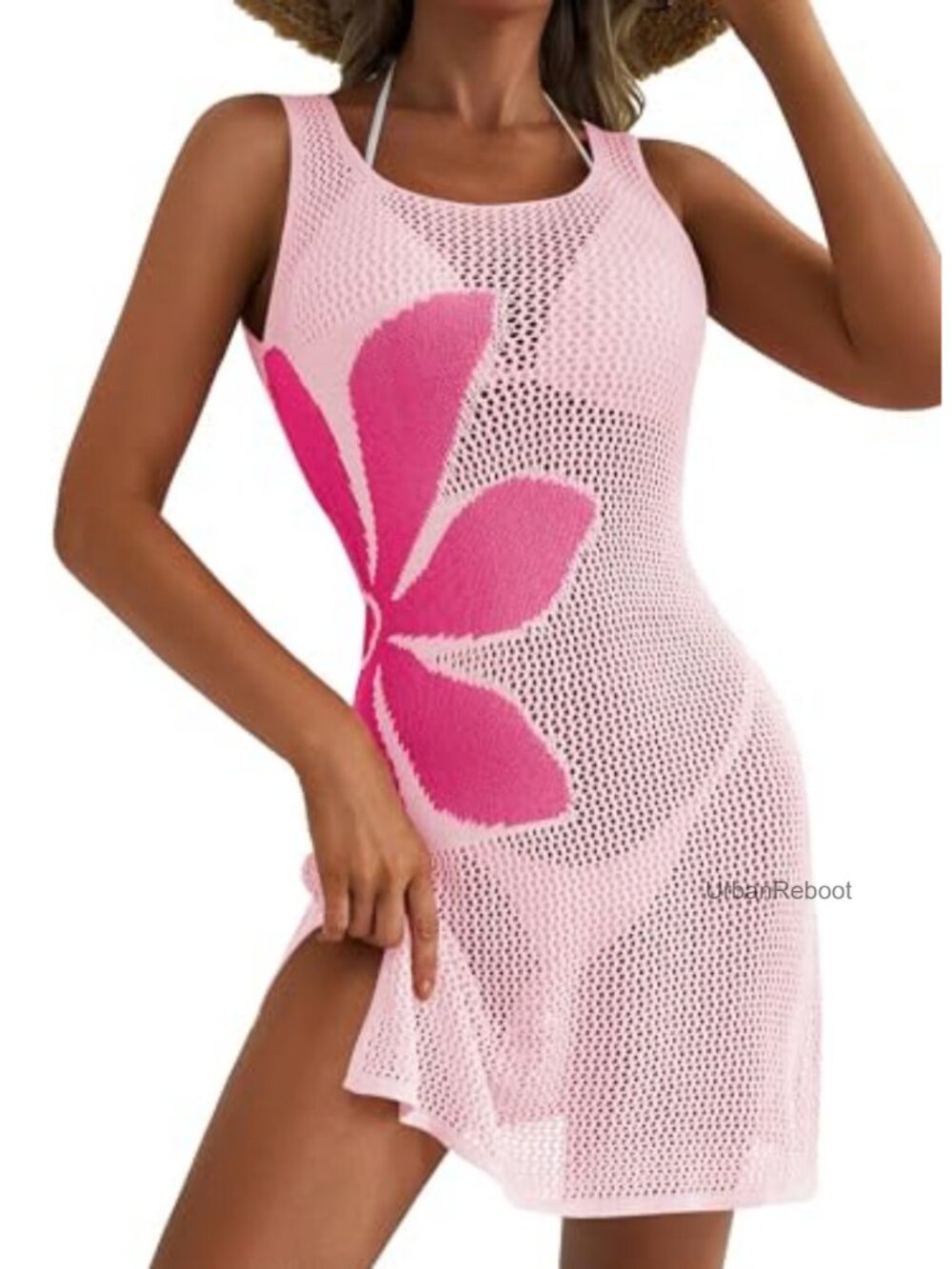 Crochet Beach Cover Up Boho Floral Mini Dress Sleeveless